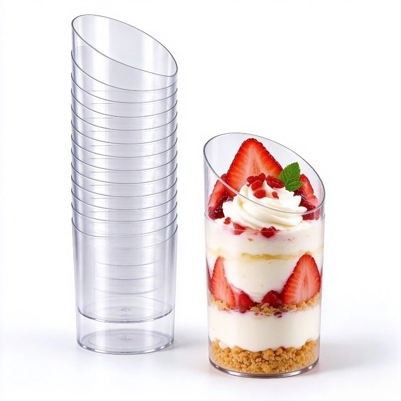 20/40PCS Clear Slanted Angled Rim Dessert Cups Transparent Mousse Pudding Trifle Cups Disposable Plastic Reusable Party Wedding