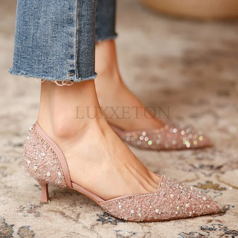 Crystal Diamond Slim Heel Pointed Shallow Mouth Women High Heels Elegant and Sexy Short Heel Pearl Chain Decoration 3.5CM