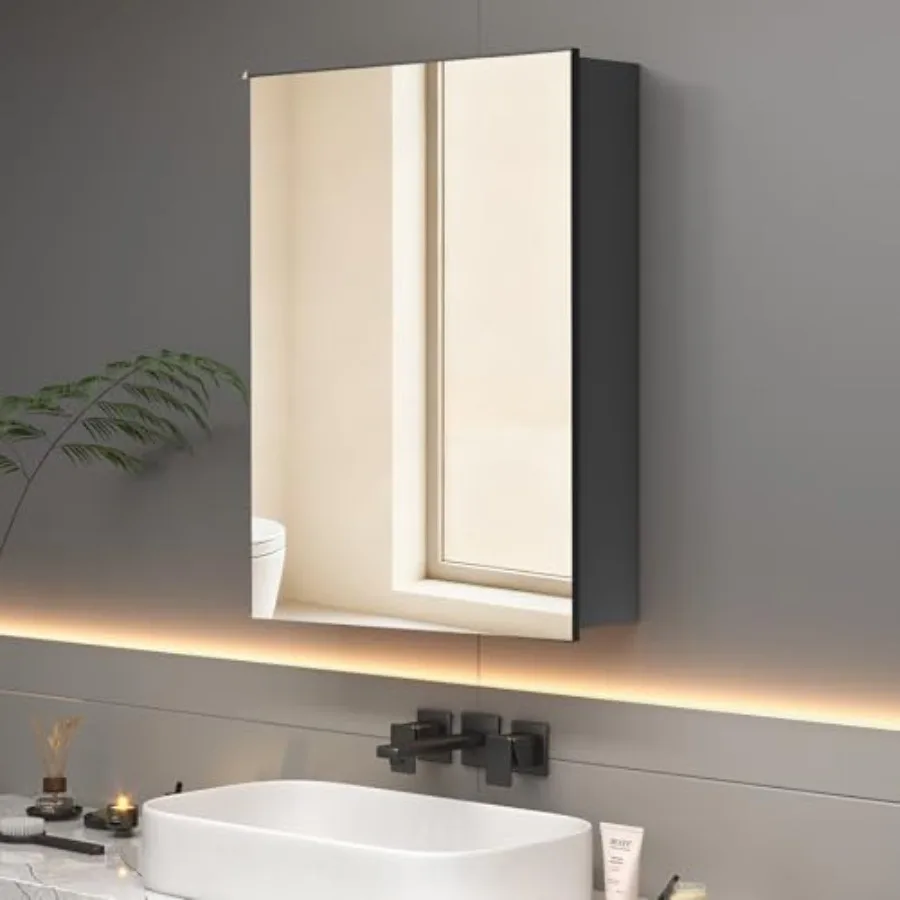 Bathroom medicine cabinet, metal frame, silver, 24 x 32 inch, recessed or surface mount, pre-assembled, with mirror and storage