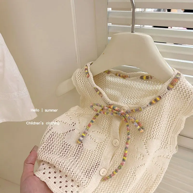 Childrens Sets Clothing Girl Hollowing Out Cool Knitting Vest Summer New Simple Fashion 2024 Thin Knitting Tops Pink