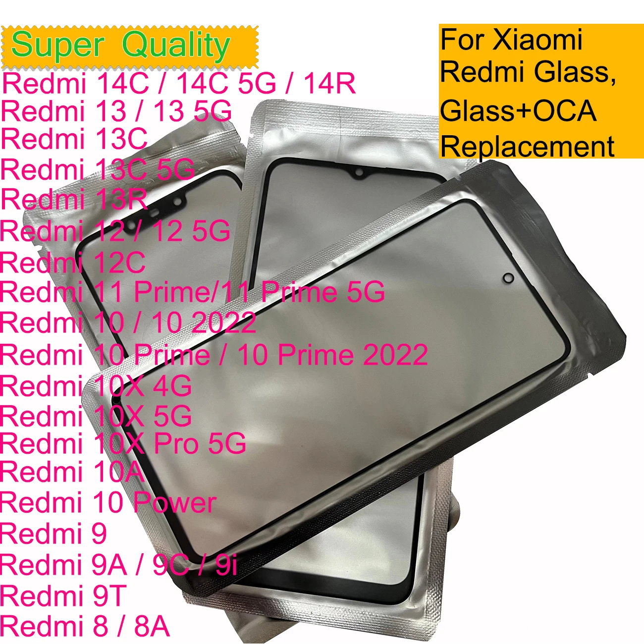 

10Pcs/Lot For Xiaomi Redmi 14C 14R 13C 5G 13 13R 12 12C 11 10 10X 10A 9 9A 9T 8 8A Touch Screen Panel Front Outer Glass With OCA