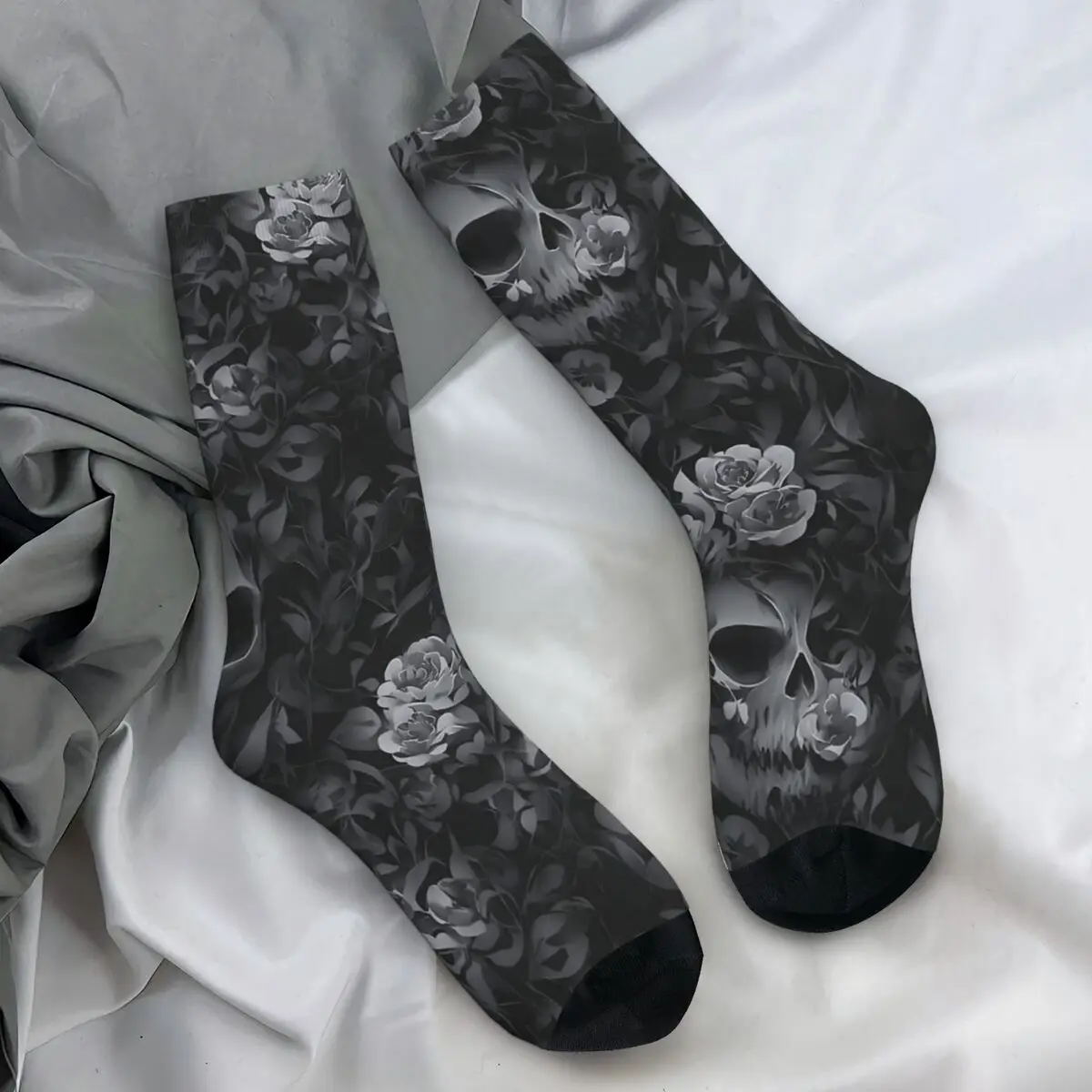 Monochrome Camouflage Skull Roses Stockings Unisex Men Goth Socks Warm Soft Casual Socks Autumn Anti Slip Pattern Socks Present