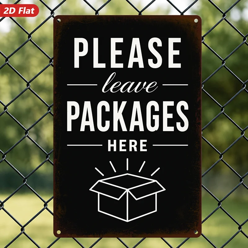 2D Flat, 1pc Rustic Package Notice Metal Sign Wall Art, Please Leave Packages Here, Open Box Illustration,