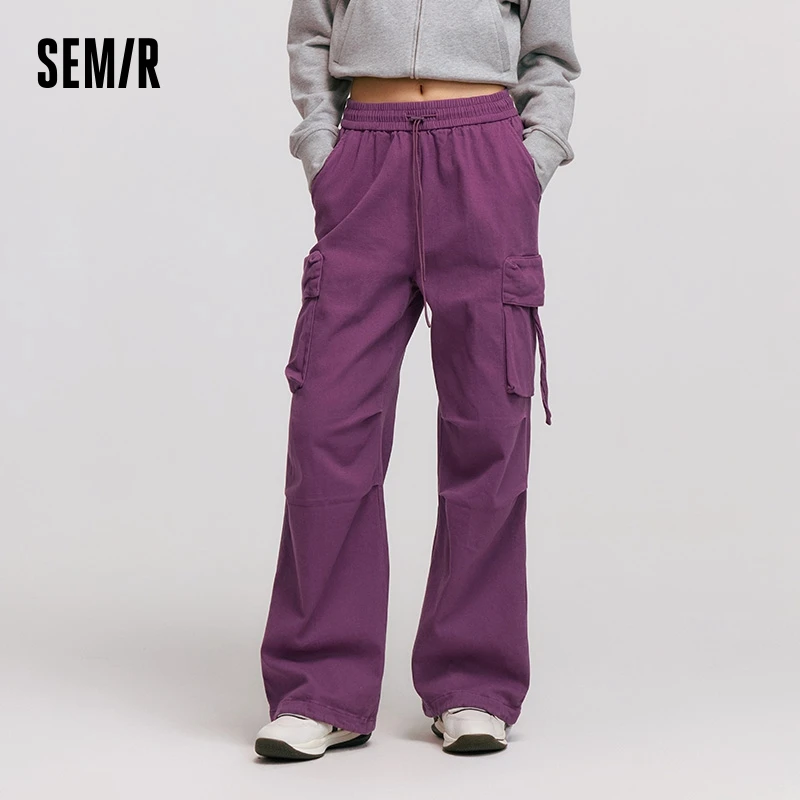 Semir Casual Pants Women Fleece Distressed Work Pants American Retro Style Winter Elastic Waist Cool Street Wide-Leg Pants