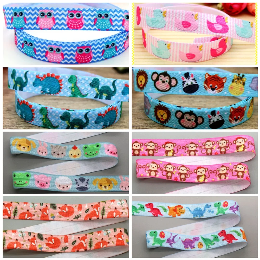 DHK 5/8\'\' 5yards Animals Owl Sloth Fox Dinosaur Printed Fold Elastic FOE Stretch Ribbon Headwear Headband DIY OEM C1728
