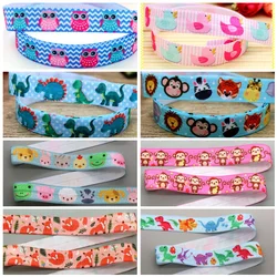 DHK 5/8'' 5yards Animals Owl Sloth Fox Dinosaur Printed Fold Elastic FOE Stretch Ribbon Headwear Headband DIY OEM C1728