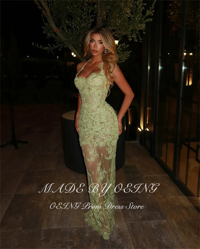 OEING Green Mermaid Lace Embroidery Prom Dresses Sequins Sleeveless vestidos de noiva Halter Illusion Evening Dress Customized image 4