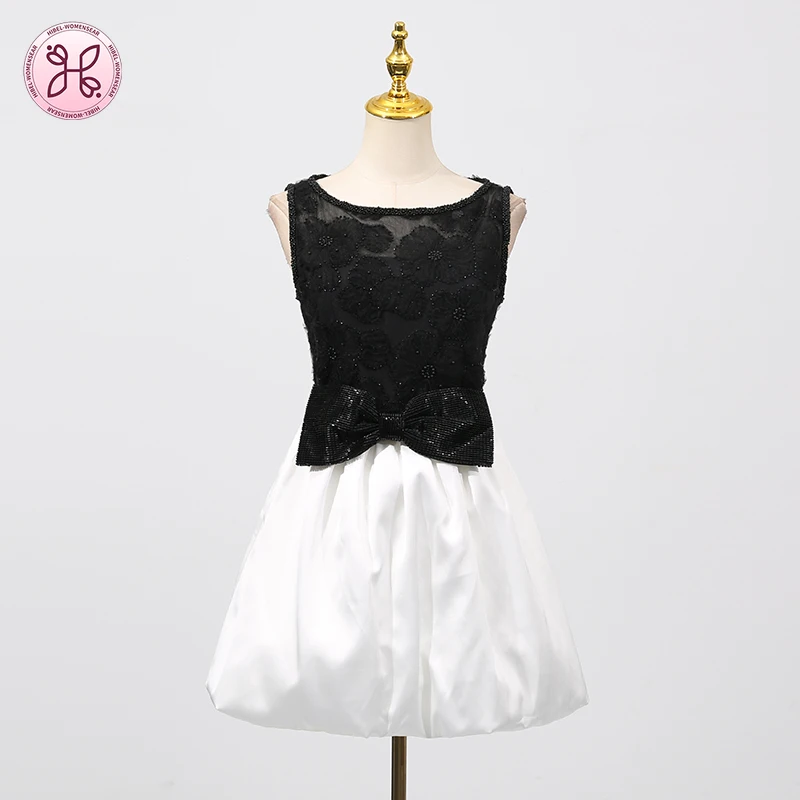 فساتين أنيقة من الدانتيل للنساء برقبة دائرية بدون أكمام وخصر عالٍ مرقعة فستان حفلات شفاف جديد للسيدات #3