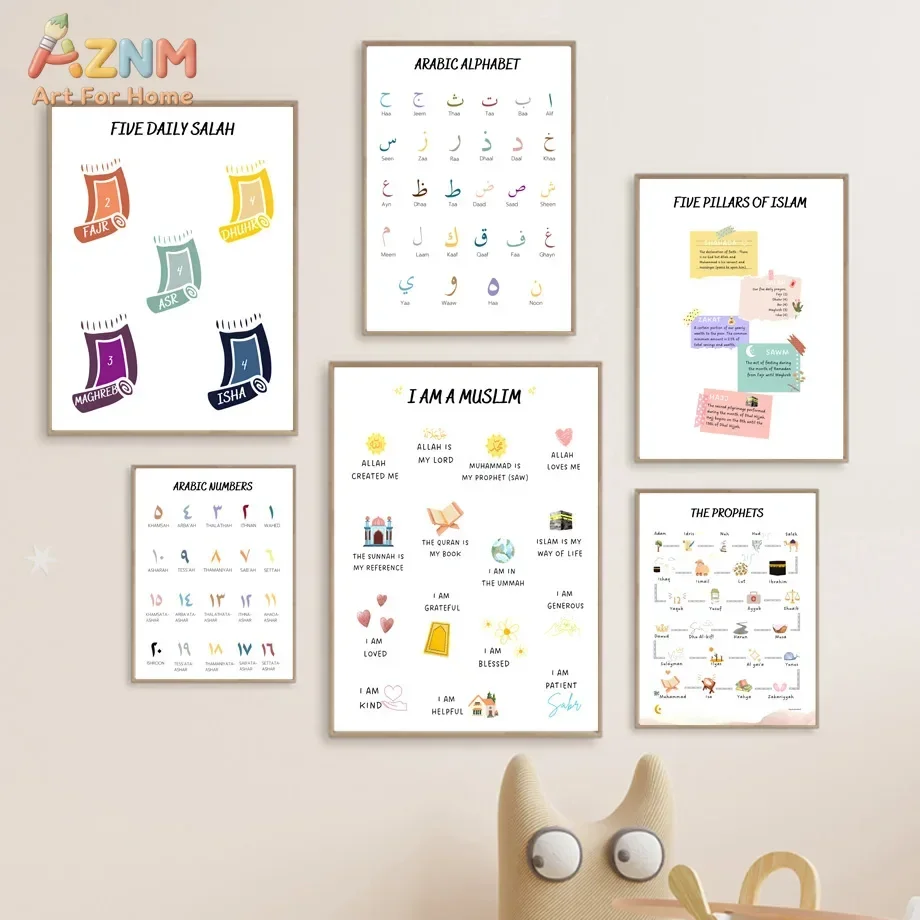 AZNM Islamic Educational Canvas Wall Art, Five Pillars Salah Arabic Alphabet Number Cute Print Neutral Nursery Kids Room Muslim