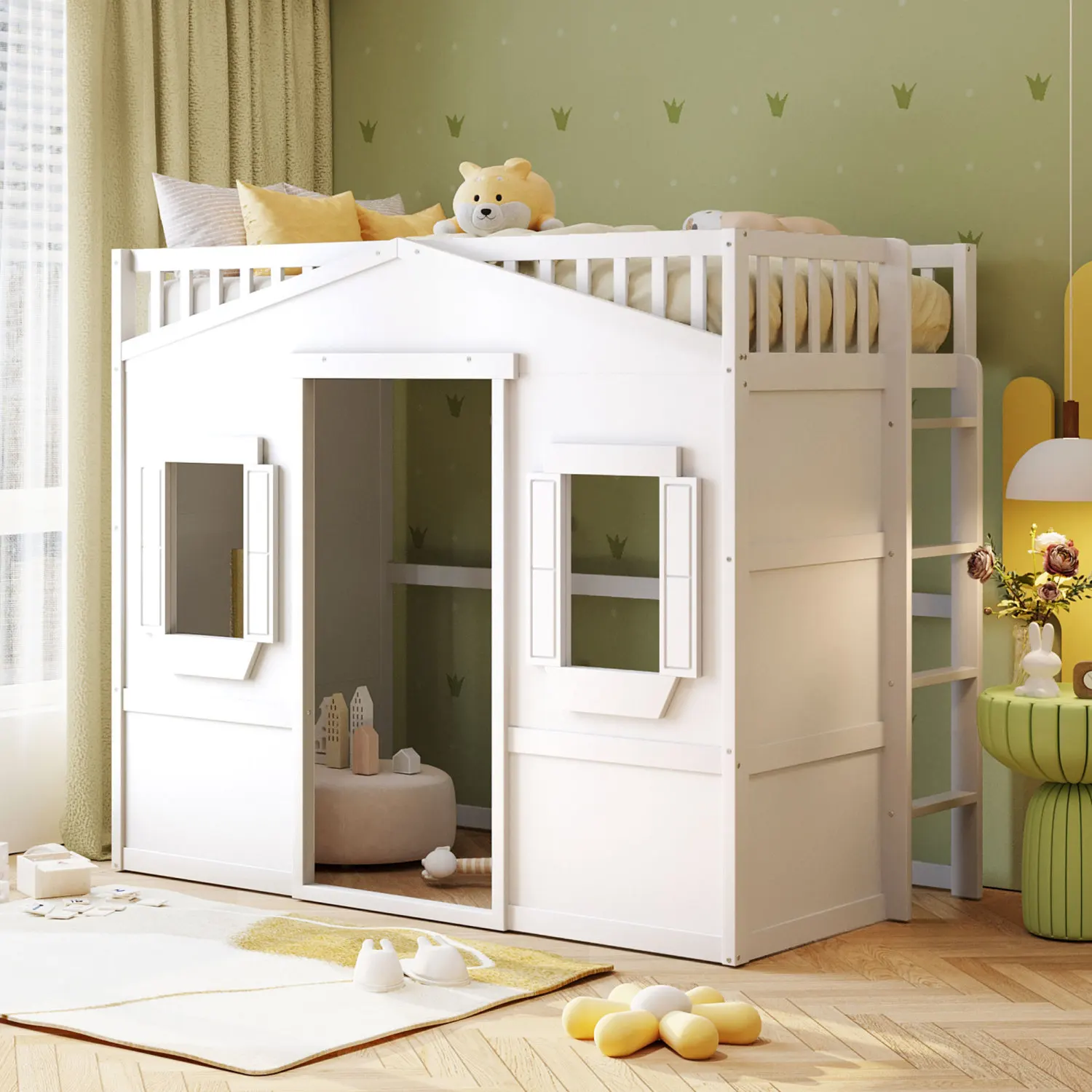 House Loft Bed White Twin Size Ladder