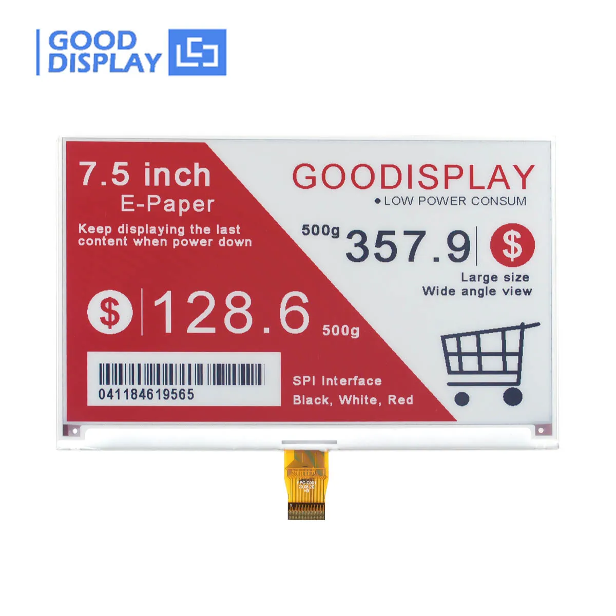  7.5 Inch Red Tri-Color Electronic Paper Display 1.3s Partial Update of Black and White Parts E-Ink Screen, GDEY075Z08