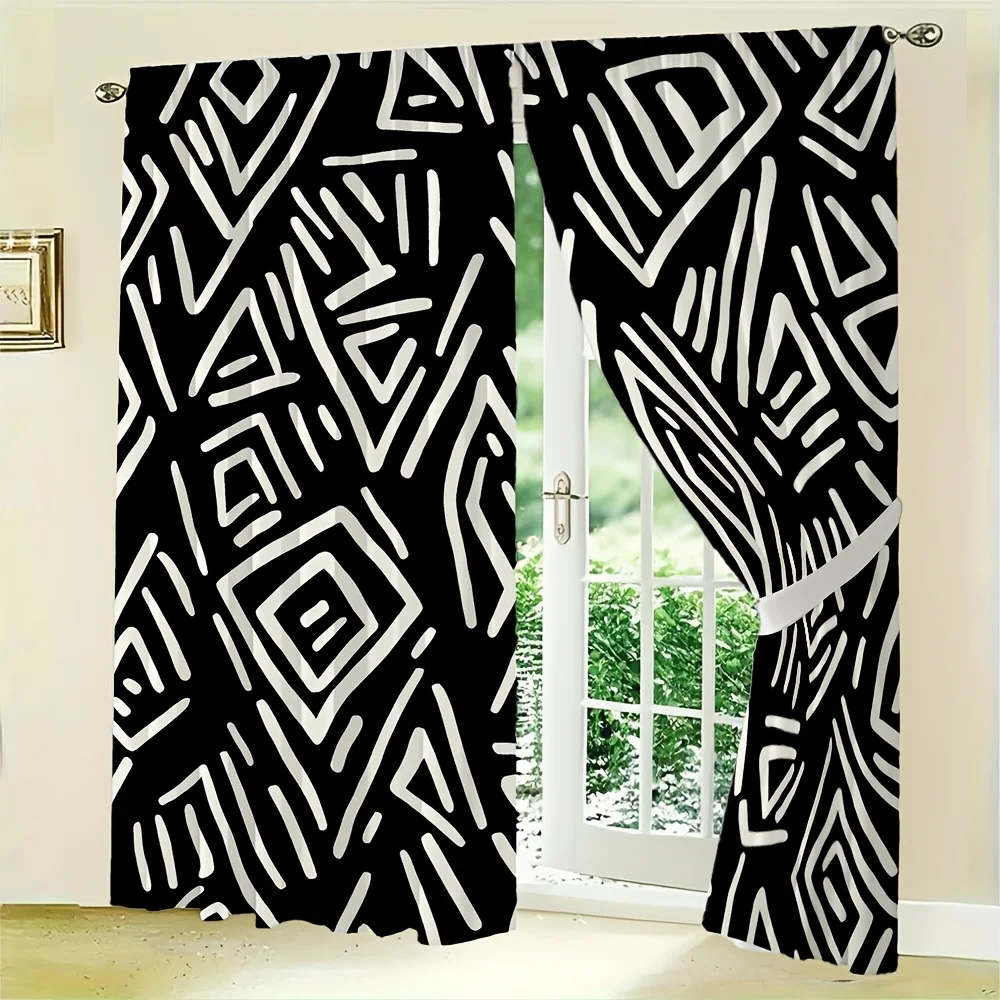 2 Pieces Abstract Geometric Curtain Rod-Bold Black and White Linear Pattern, Modern African Style Interior