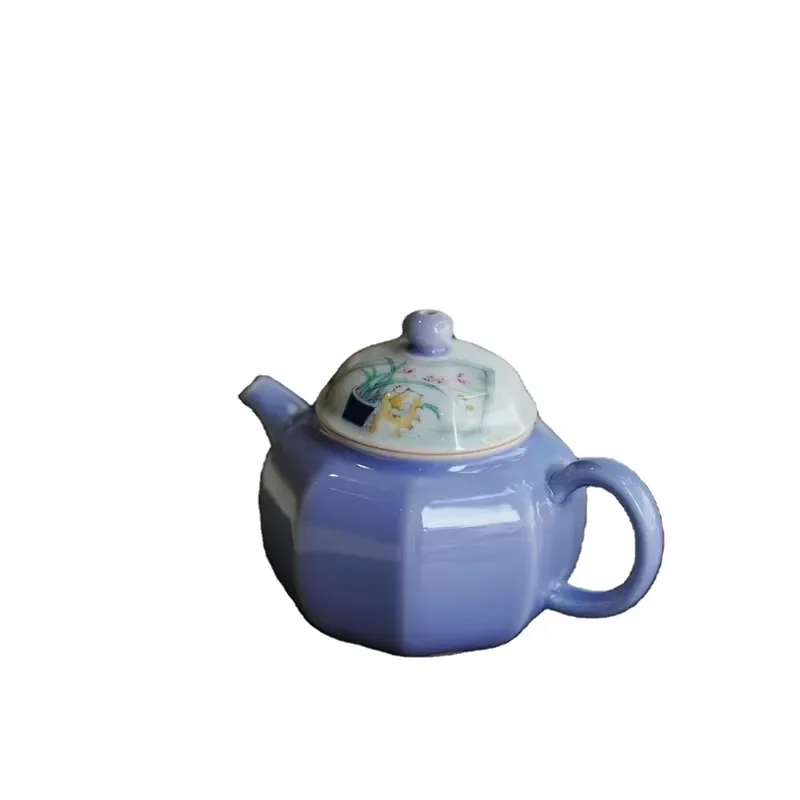 Quiet Floral Octagonal Porcelain Teapot Set Sky Blue Hand Painted Traditional Chinese Heat Resistant Eco Friendly Tea Set