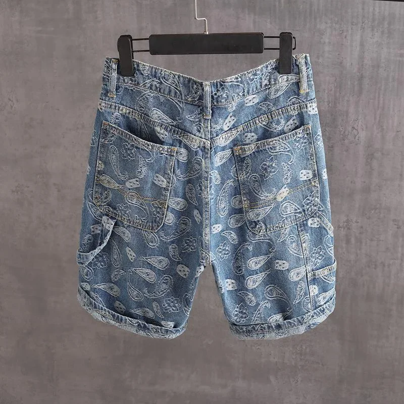 Men\'s Short Jeans Pants with Pockets Male Denim Shorts Blue Cargo Graphic Rude Harajuku Summer Wide Streetwear Buttons Jorts Cut