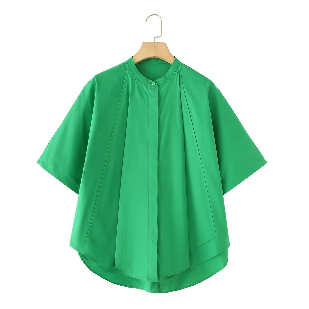 RARA 2025 Womens Short Sleeve Stand Collar Button Down Pleated Oversized Shirt for Daily Wear and Casual Events