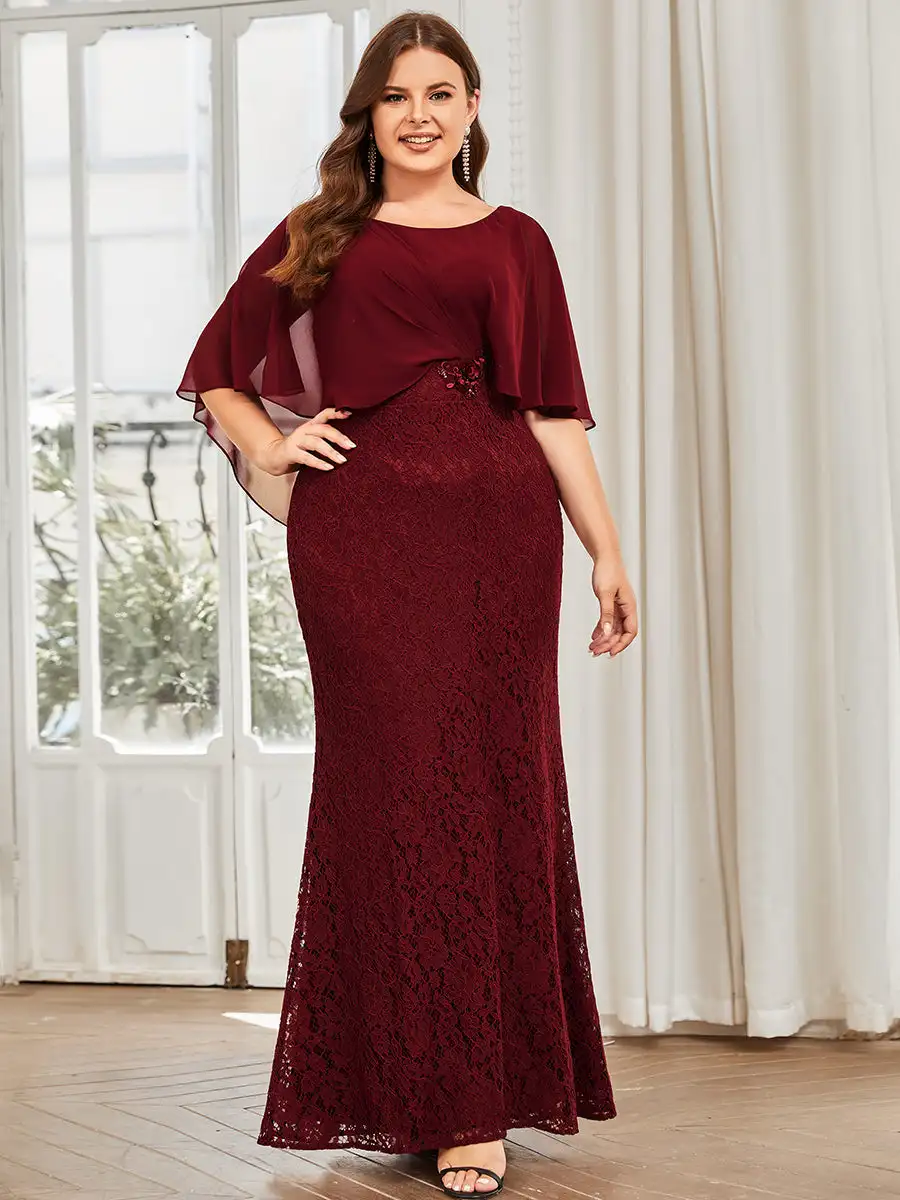 

Plus Size Elegant Evening Dresses Fishtail Ruffles Sleeves O-Neck Floor-Length 2025 Ever Pretty of Burgundy Bridesmaid Dresses