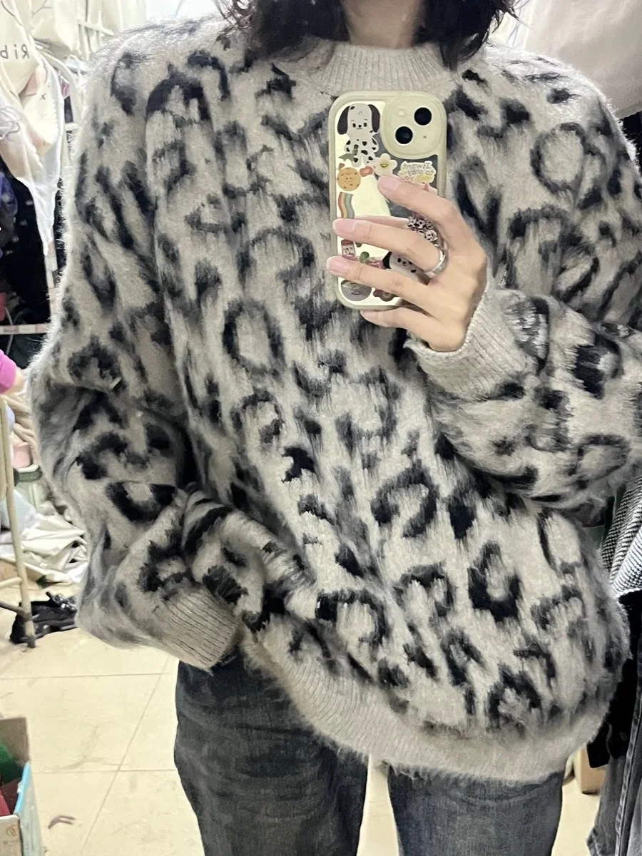 

Loose Fit Leopard Print Knitwear round Ne Overhead Men's Sweater Autumn Winter plus Size Faionable Korean Sle Top