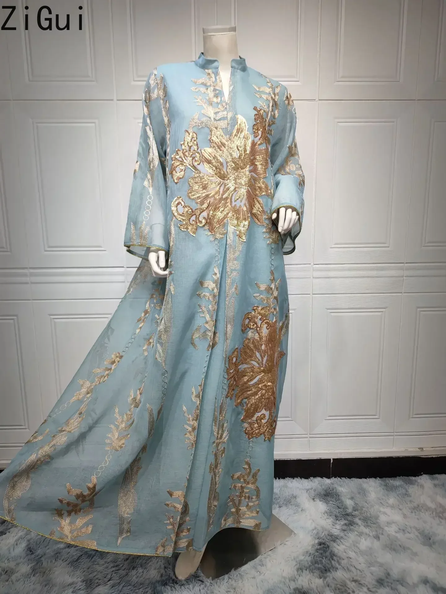 Zigui Elegant Kaftan Dress Women Party Dress Gold Embroidery Sequin Light Blue Chiffon Abaya Muslim Women Clothing Dress