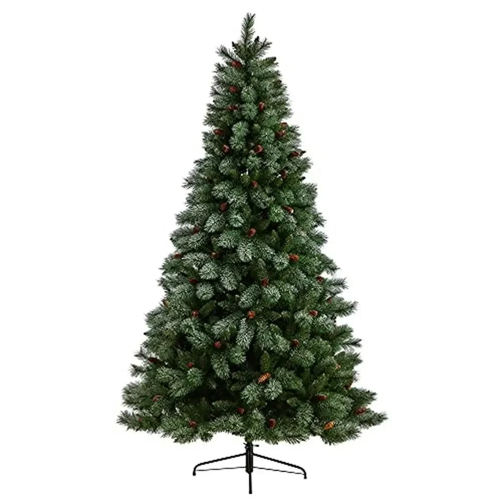 8ft Snowed French Alps Mountain Pine Artificial Christmas Tree with Bendable Branches and Pine Cones Seasonal Decor Crafted with