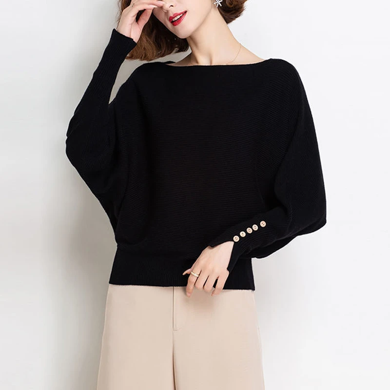 Spring Autumn New Fashion Casual Solid Loose Bat Long Sleeve Knitwear Korean Chic Buttons Basic All Match Knitted Sweater Jumper