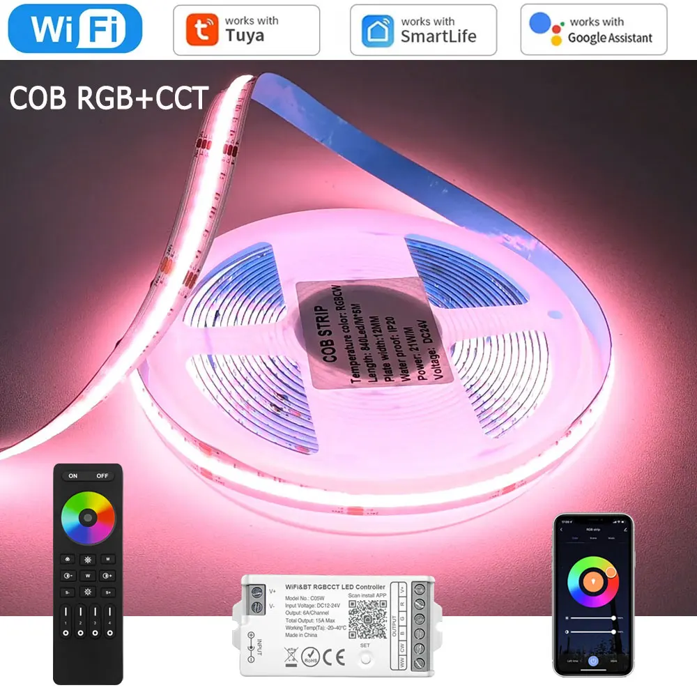 striscia-led-cob-rgb-cct-wifi-tuya-5m-10m-20m-24v-rgb-bianco-doppio-dimmerabile-per-soffitto-decorazione-feste-con-telecomando-rf-per-alexa-google