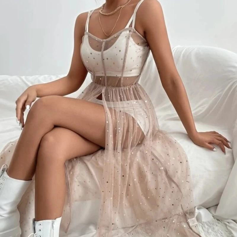 INS Streetwear Lace See Through abito a metà polpaccio donna estate Sexy spalline sottili abiti Mesh paillettes abito lungo diviso