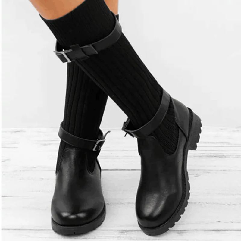 Dropship Winter Autumn Women Mid-Calf Boots fashion Knitted Woman Boots Round Toe Flat with Shoes Female Footweae boot 2023