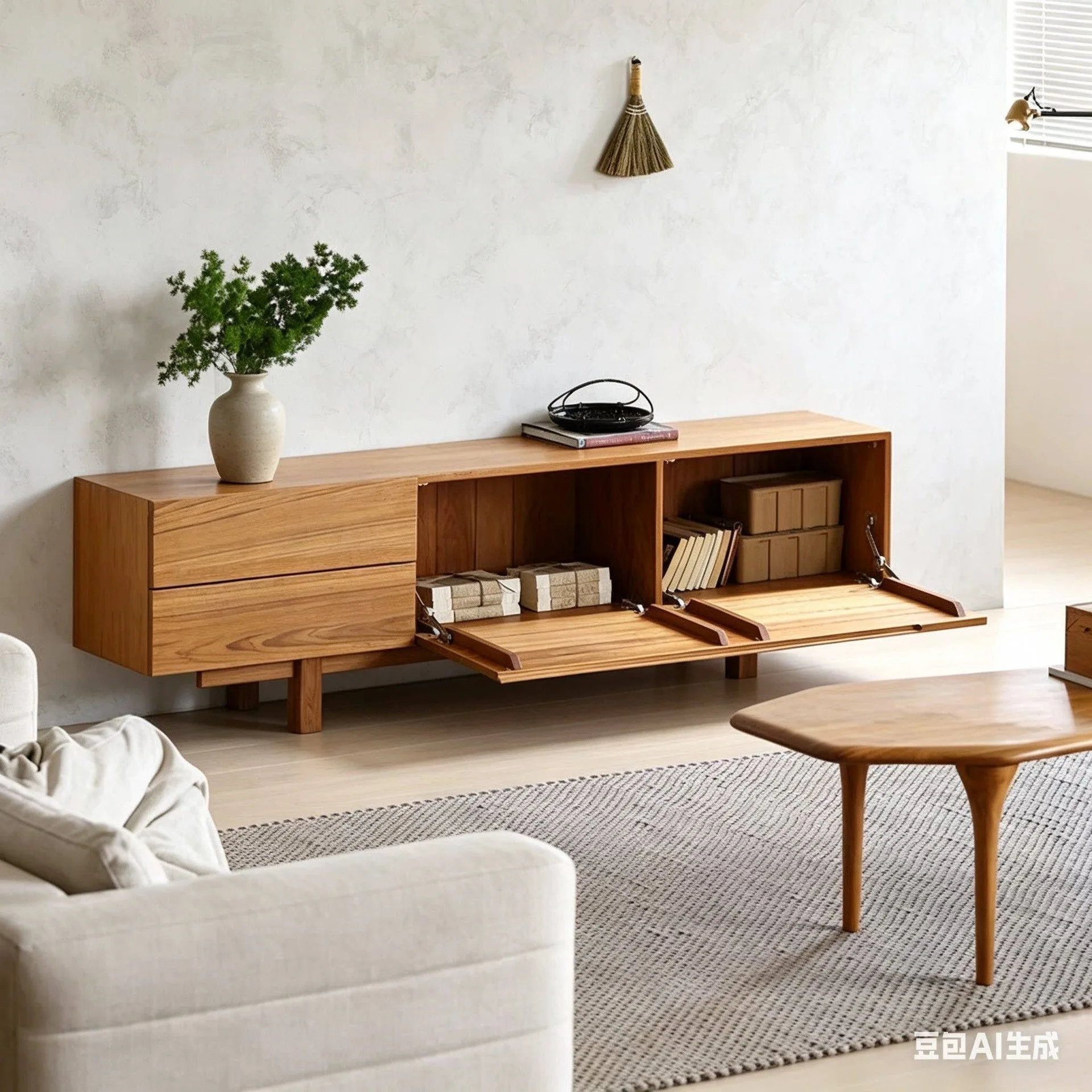 Old teak living room TV cabinet All solid wood storage Floor cabinet Lower turning door Floor view