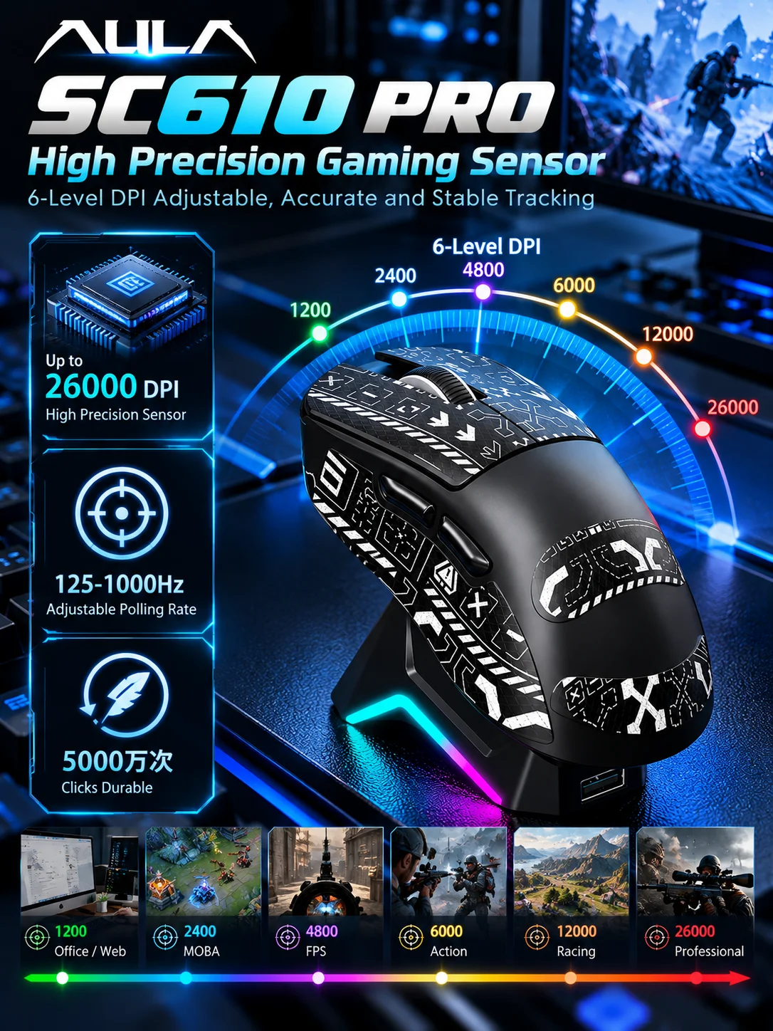 AULA SC610 Pro Wireless Gaming Mouse PAW3395 26000DPI Tri Mode 2.4G Bluetooth USB-C 1000Hz RGB Charging Dock