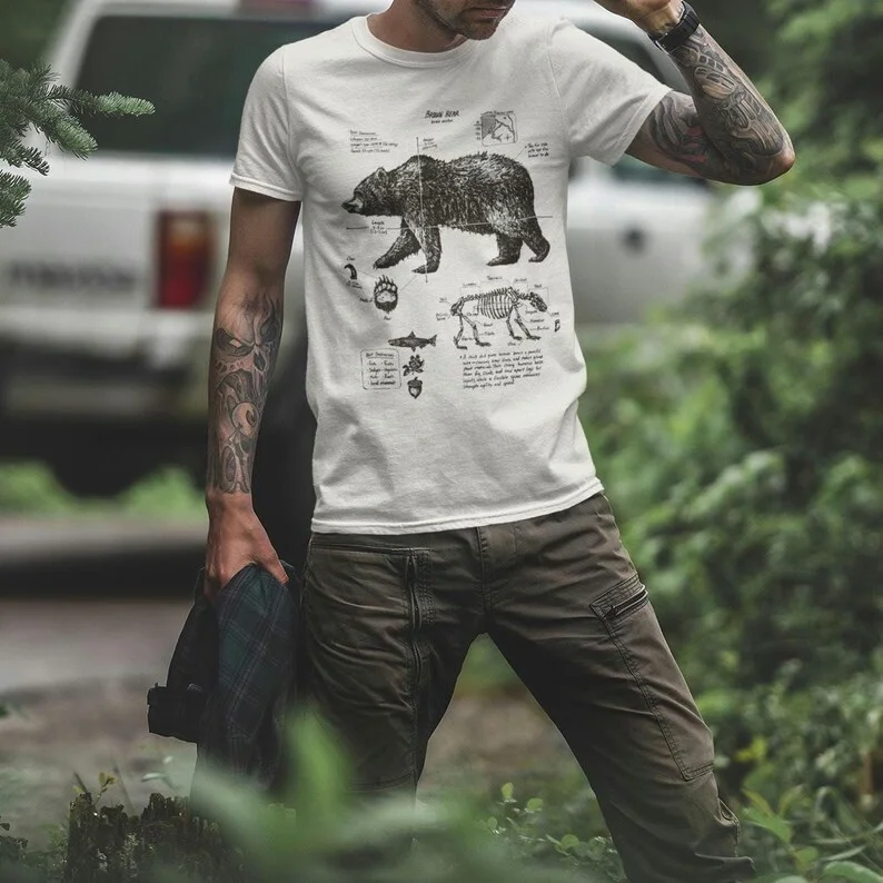 Brown Bear Review Anatomy T-shirt Eco-friendly Cotton Shirt Grizzly Bear Biology Chart Printed Bear Shirt Brown Bear Gift Tops