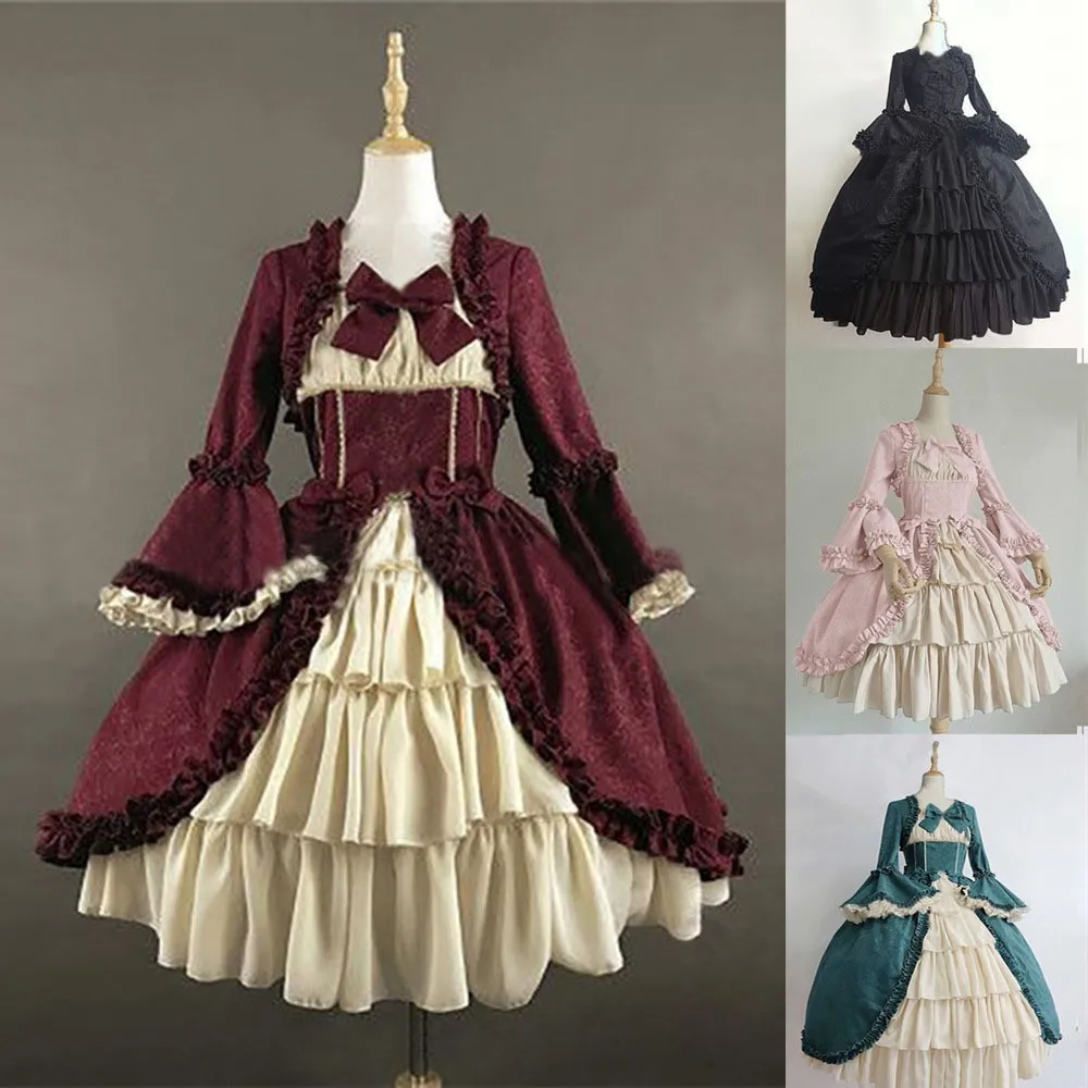 

Medieval Gothic court dress in Europe and America, square neckline, waist collection, patchwork bow formal dress