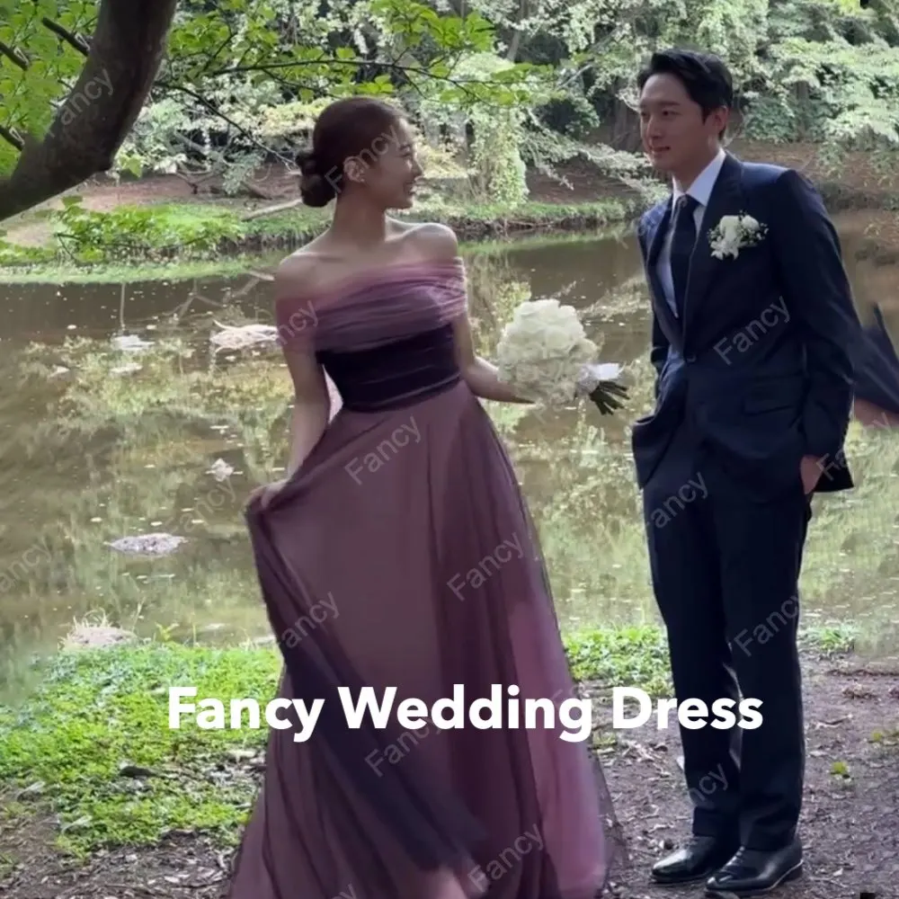 

Fancy Elegant Purple Strapless Wedding Dress Korea Photo Shoot A Line Bridal Gown Soft Tulle Floor Length 웨딩드레스 Custom Made