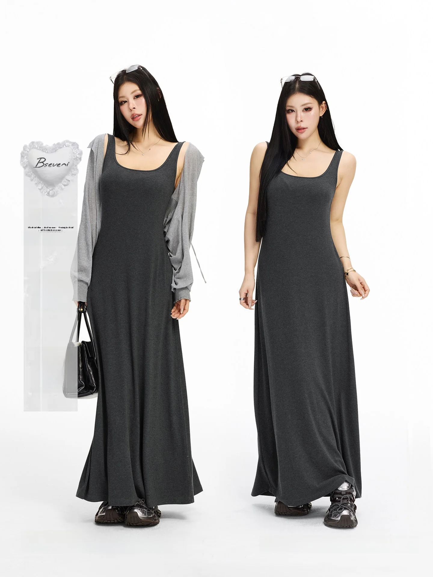 

Black Label Series Spring Summer Sleeveless Square Collar Dress Women's High Elastic Drapey Loose Long Dress Casual Style