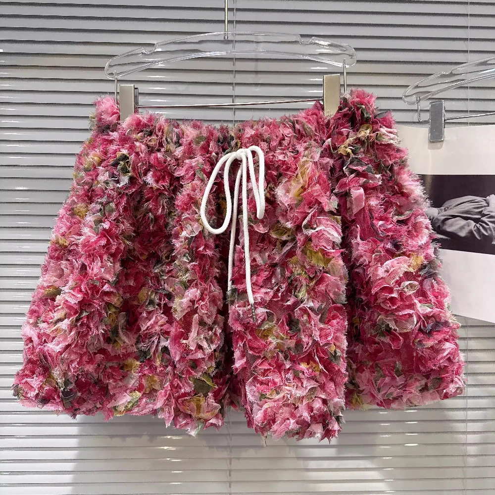 

2025 Summer New Personalized Sweet and Spicy Smudged Chiffon Flower Drawstring Strap Bud Skirt, Fashion Short Skirt Women Ladies