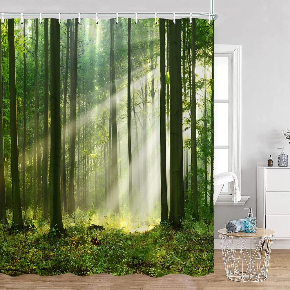 Forest Shower Curtains Trees Sunlights Nature Sunray Natural Scenery Bathroom Decorations Polyester Fabric Modern Bath Curtain