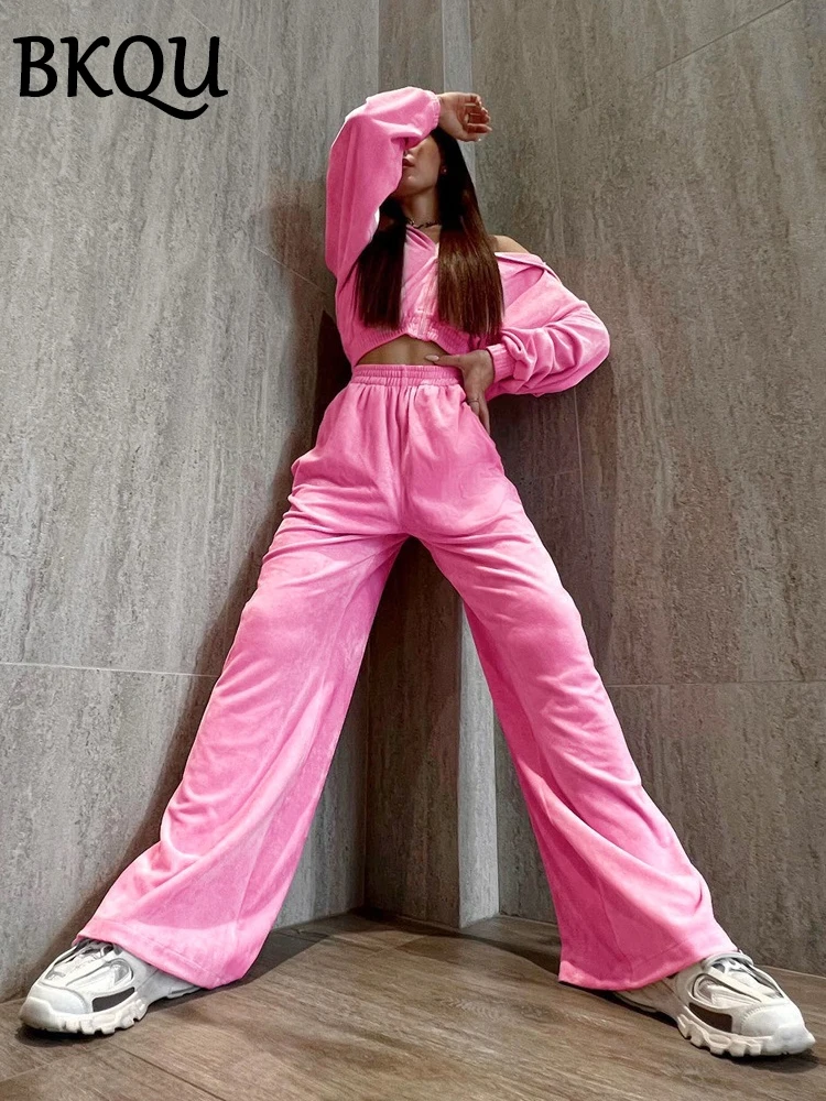 BKQU Casual Solid Velvet Pants Set Women Tracksuit Turn-down Collar Zipper Crop Coat and Wide Leg Pants Two Piece Set 2024