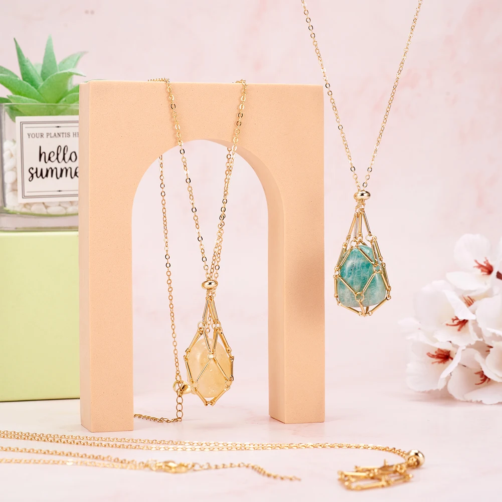 10pcs Empty Stone Necklace Holder Adjustable Brass Woven Netted Cage Stainless Steel Chain Extender Chakra Yoga Jewelry Making