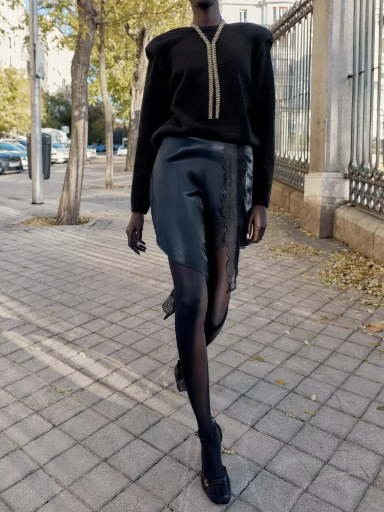 

Casual Solid Lace Patchwork Satin Skirt Women Chic High Waist Irregular Hem Slim Mini Skirts 2026 Lady Spring Autumn Street Wear