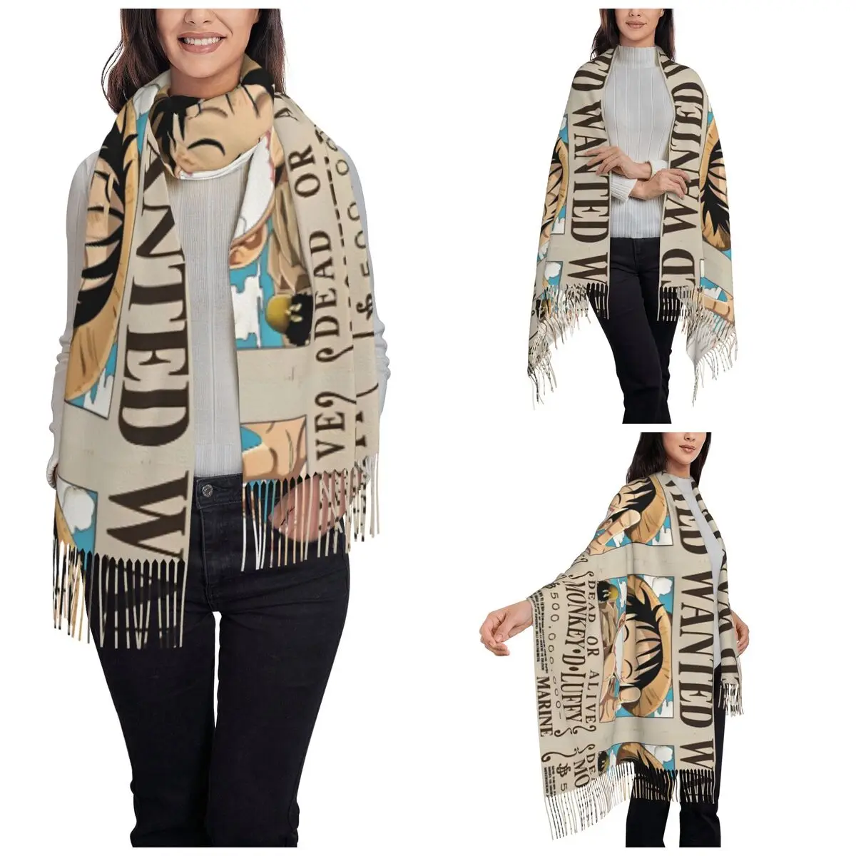 Womens Scarf with Tassel O-One P-Piece Anime Long Winter Fall Shawl Wrap Pirates Japan Manga Gifts Pashmina Scarves