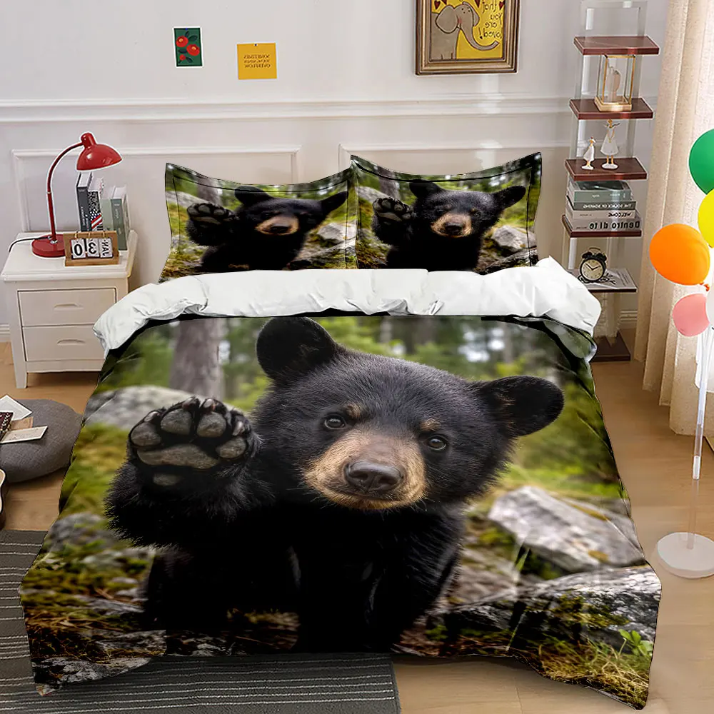 Bear Cub Raising Paw in Forest Printed Duvet Cover Set1 Duvet Cover+2 PillowcaseMulti Size Bedroom Bedding Decor Luxury Gift
