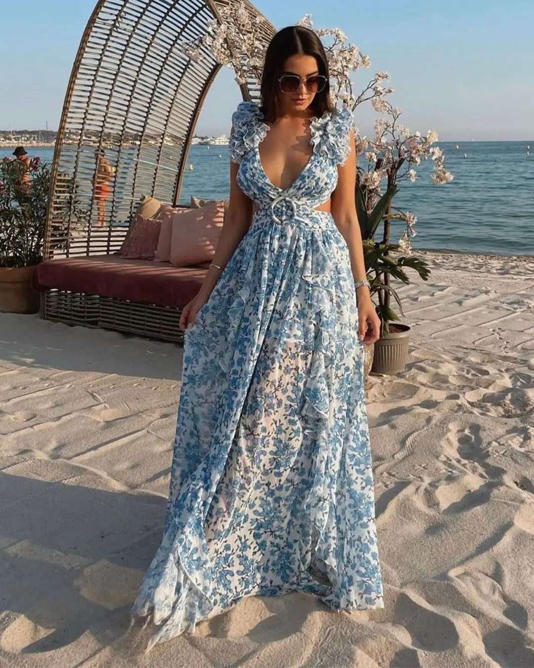 Vestido largo de verano para mujer, traje sin mangas con cuello en V, corte acampanado, Floral, para fiesta en el jardín y en la playa