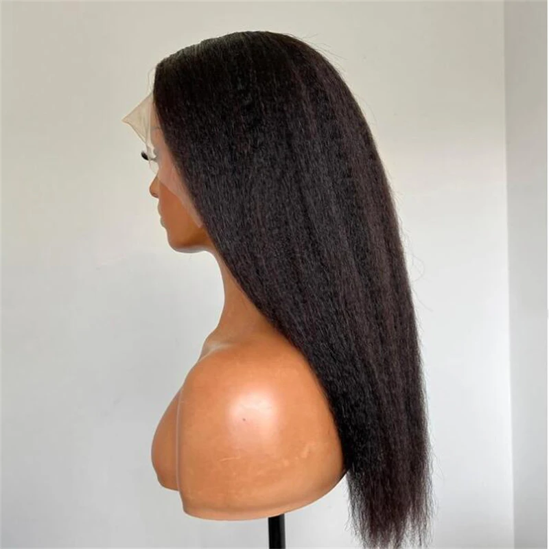 Deep Yaki Long Balck 180Density 26inch Soft Kinky Straight Lace Front Wig For Women with Babyhair PrePlucked Daily Glueless Wigs