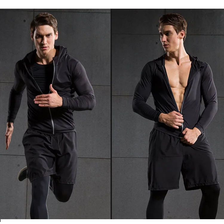 

Advanced cycling suit men's sports coat, quick drying elastic warm fabric, hooded long sleeve fitness outdoor leisure