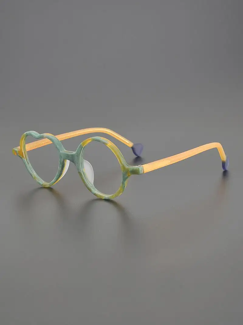 

2025 Handmade matte plate glasses frame, ultra-light full frame, one heart and one circle, retro glasses frame can be equipped