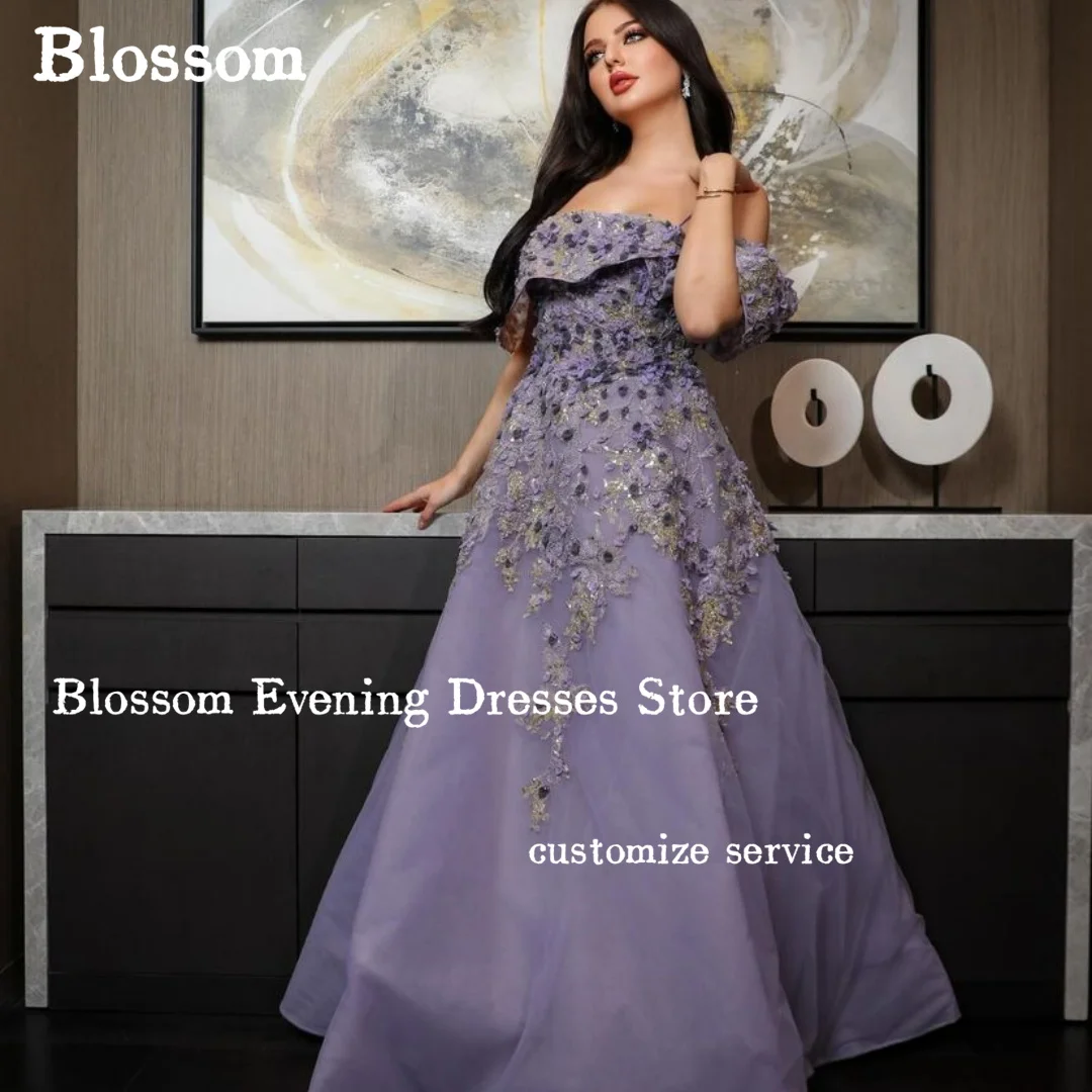 Off Shoulder Appliques Floral A-line Prom Dresses Floor-length Saudi Arabia Luxury Evening Dresses 2024 Purple Formal Party Gown