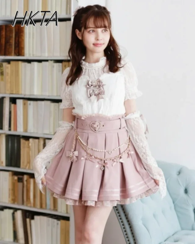 

Japanese Style Liz Skirt High Waisted Mine Mass-Produced Love Pearl Chain Bow Short Skirts Fashion Lolita Rojita Skirt for Women