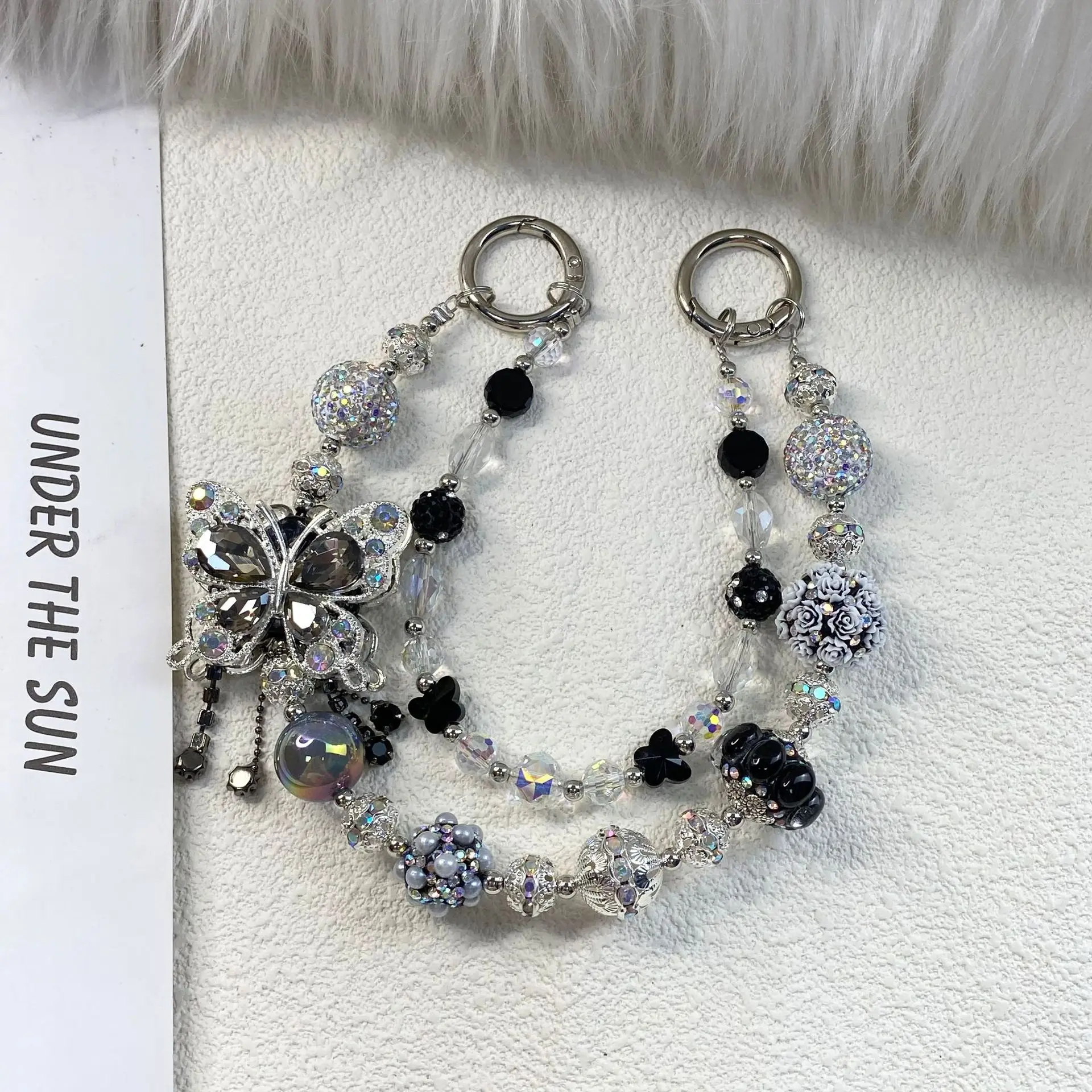 Corrente de telefone com contas feitas à mão com cordão anti-queda com franja de borboleta para celular, bolsa e chaveiro