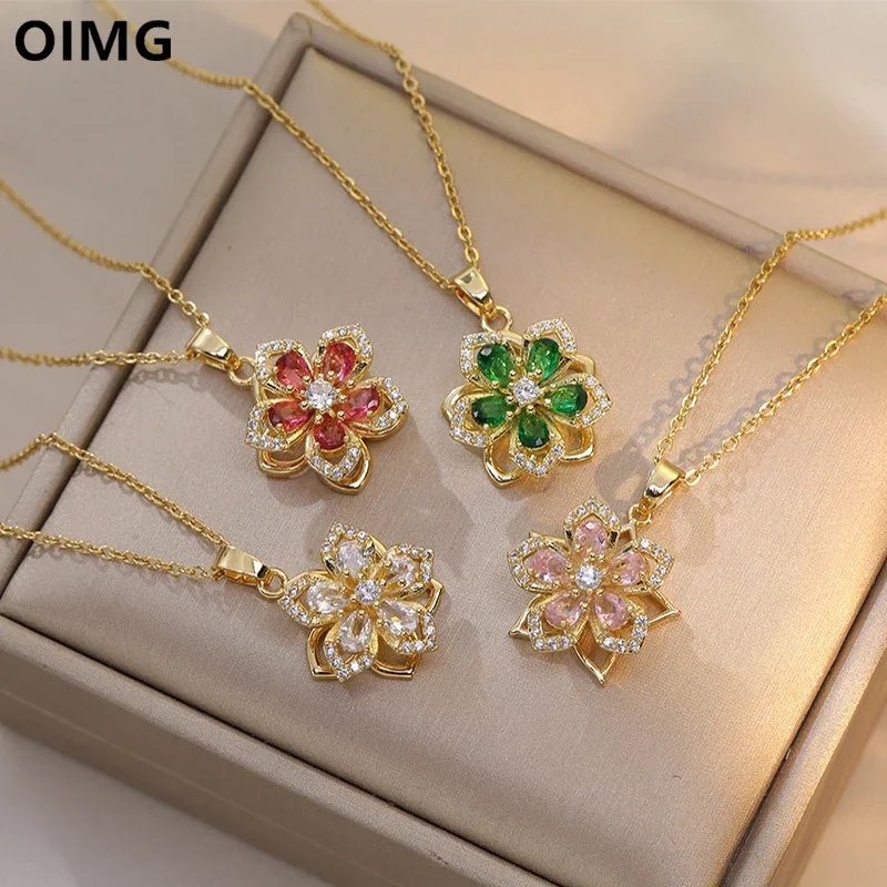 

OIMG 316L Stainless Steel Gold Plated Romantic Rotatable Flower Zirconia Pendant Necklace For Women Girls Charm Luxury Jewelry