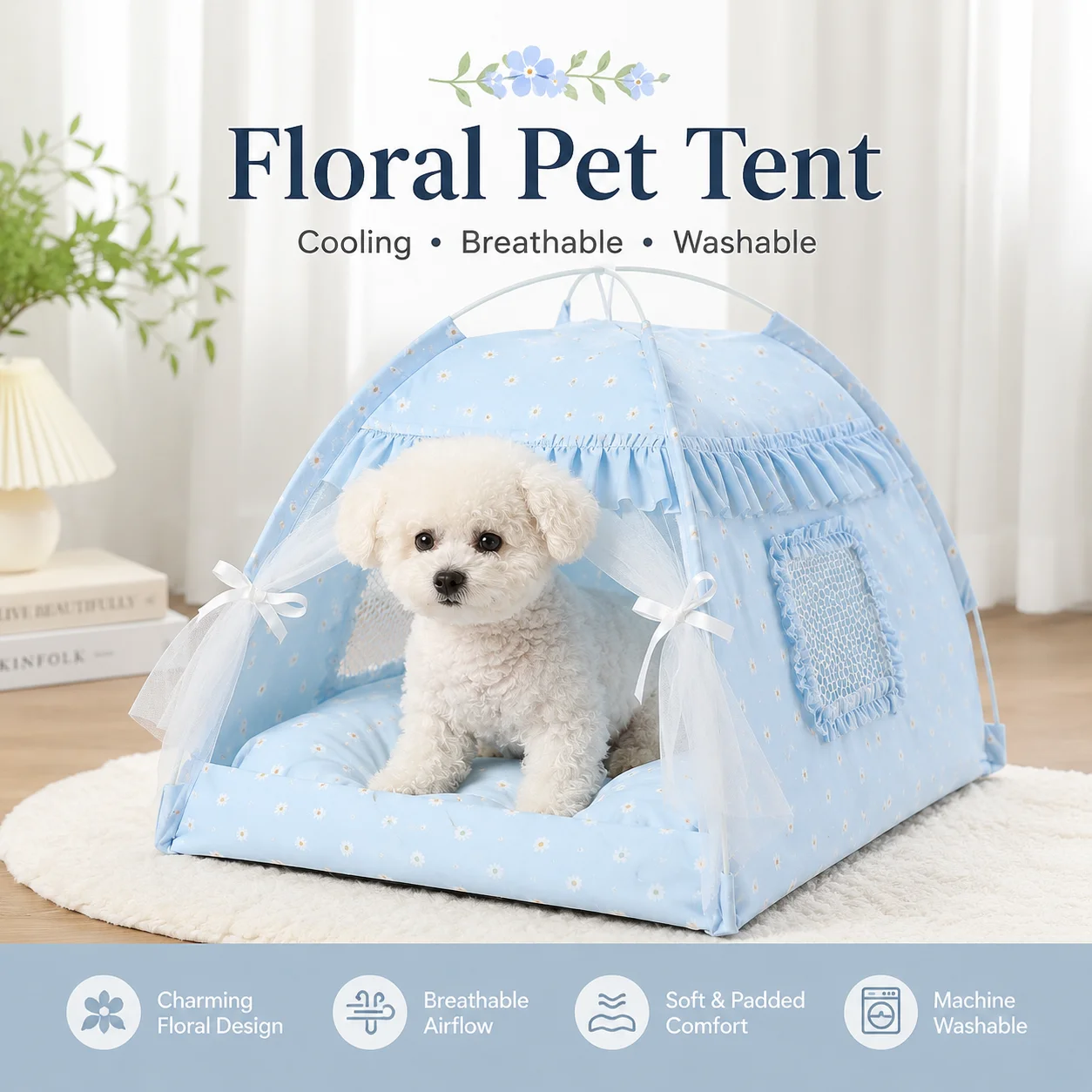 

1pc Floral Cooling Pet Tent for Small Cats and Dogs, Breathable Washable Lightweight Cat Dog Bed, Indoor Outdoor, 4 Colors
