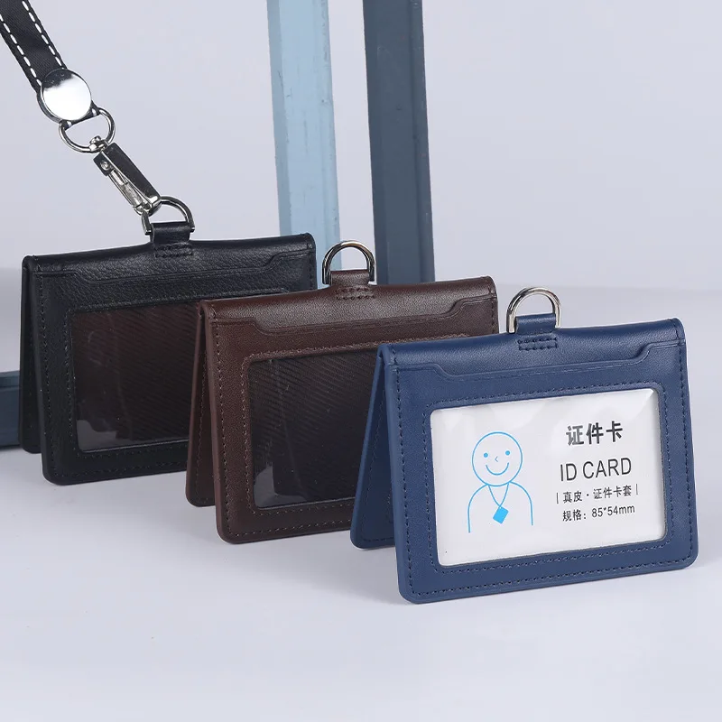 새로운 소가죽 이중 카드 슬리브 신분증 홀더 배지 케이스 투명 은행 신용카드 클립 배지 홀더 액세서리